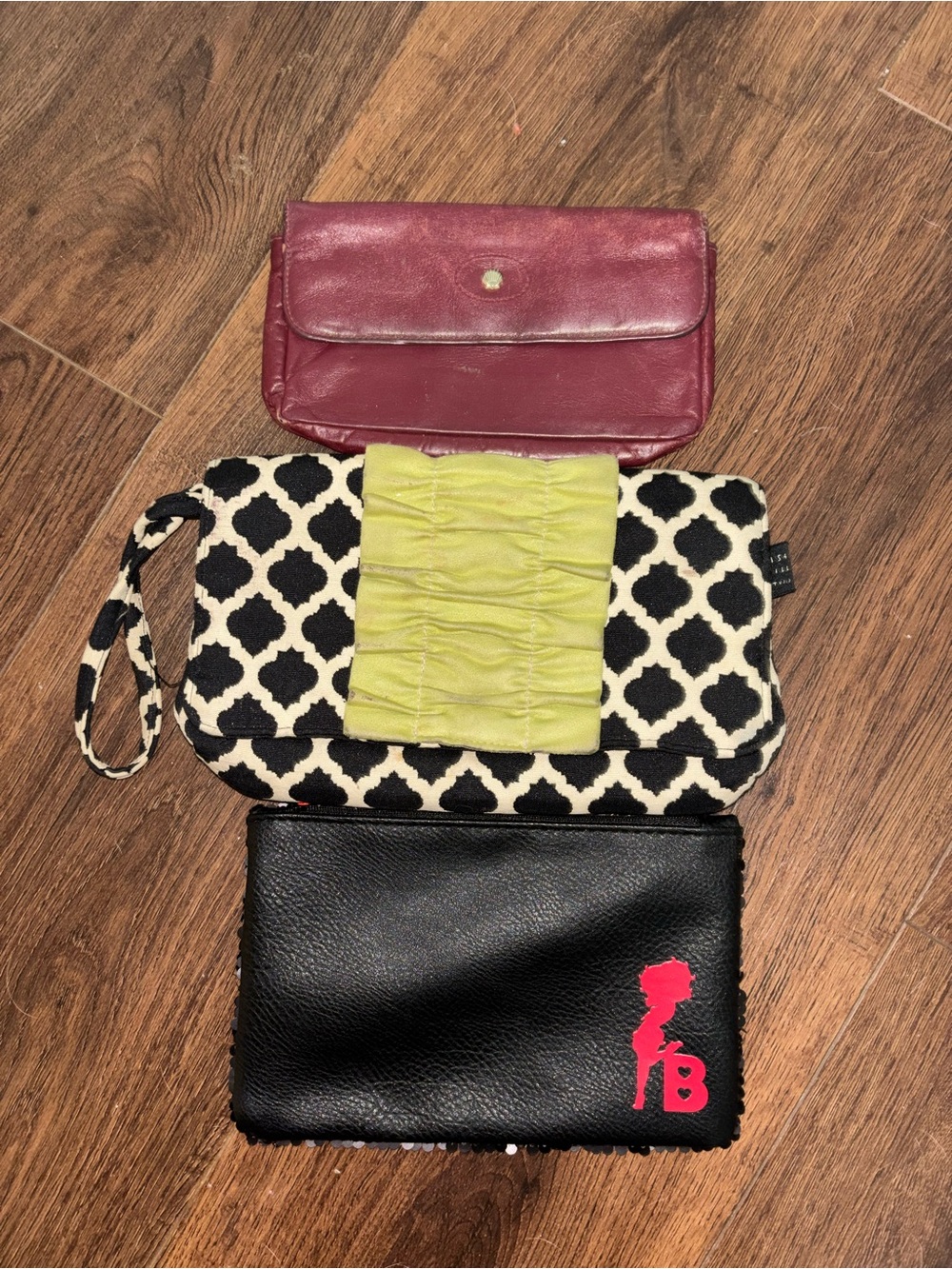 Wristlet Trio Bundle Lot- Black Cream Patterned, Betty Boop Sequins, Maroon